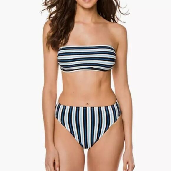 Michael Kors 2-Piece Bikini Set High Waist Bottoms & Bandeau Top in Stripe XS/M - Picture 1 of 10